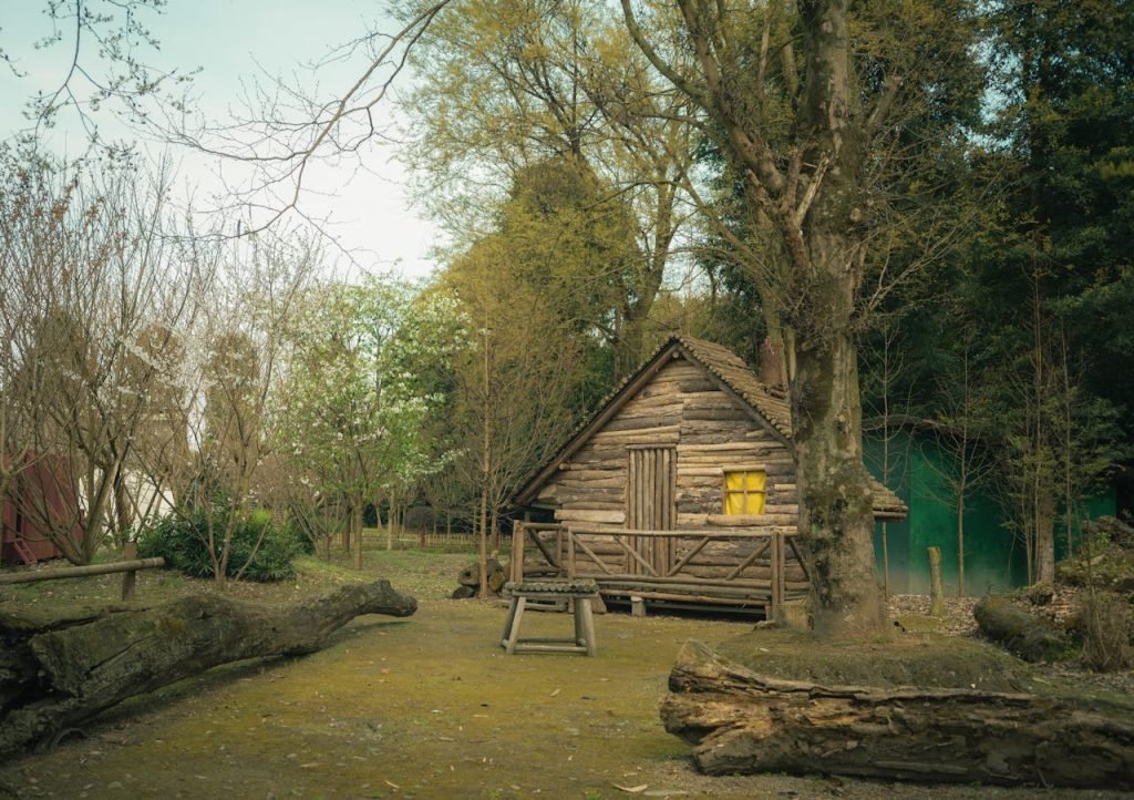 A charming log cabin in a serene, forested landscape, perfect for a peaceful retreat.